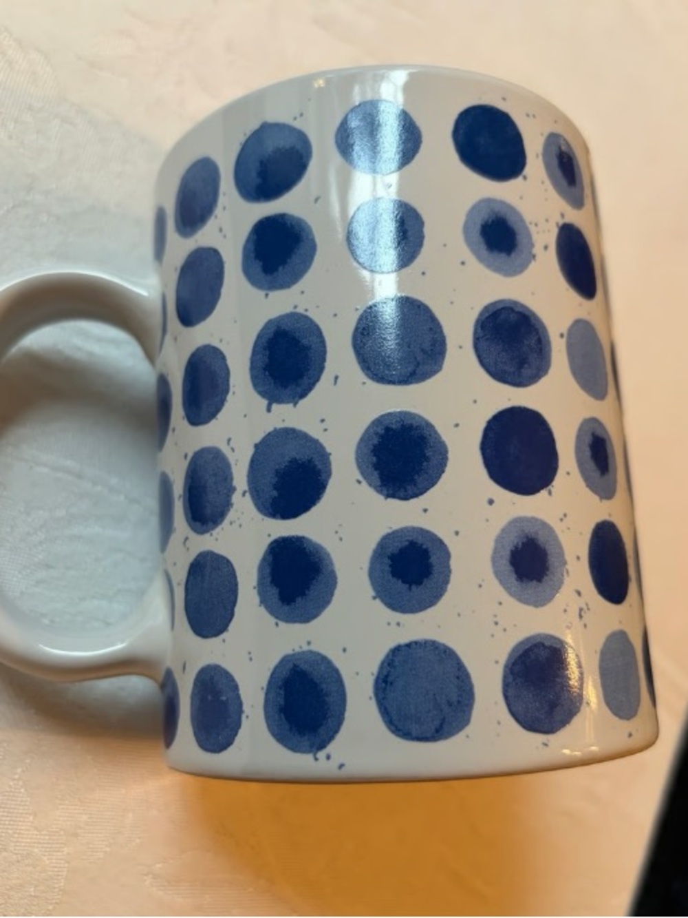 White Ceramic Mug with Blue Polka Dot Pattern